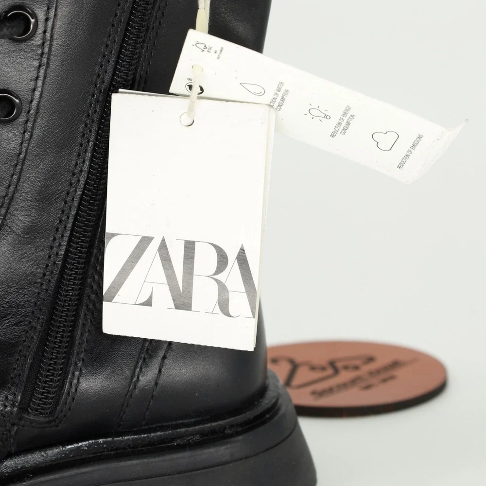 Zara Girls Black Leather Lace Up Side Zip Combat Boots Size 12.5 Ankle Boots NWT